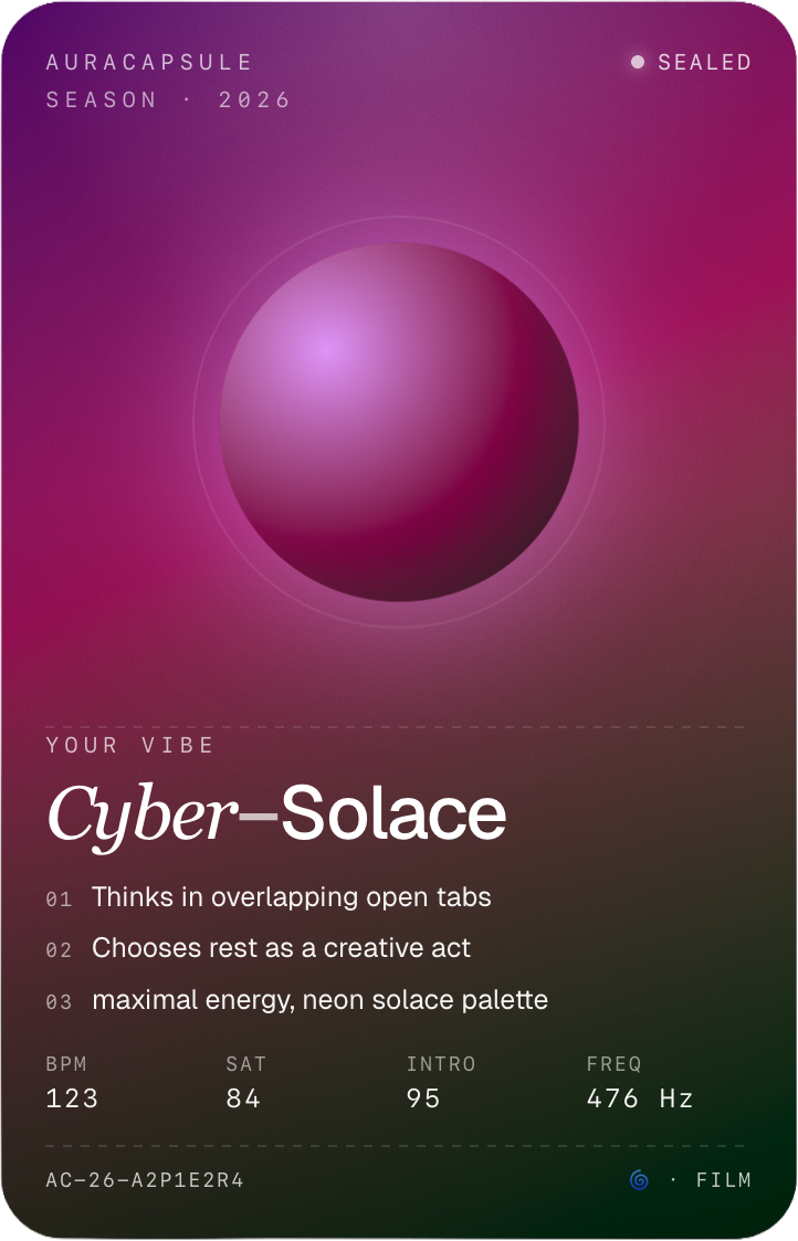 My 2026 vibe card from Auracapsule, titled Cyber-Solace, with three traits and a set of stats